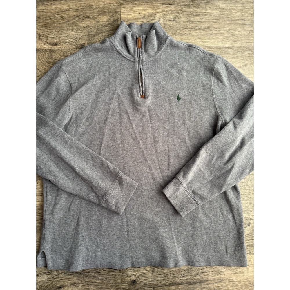 POLO RALPH LAUREN Gray‎ 1/4 Zip Sweater Size XL 100% Cotton Green Pony
